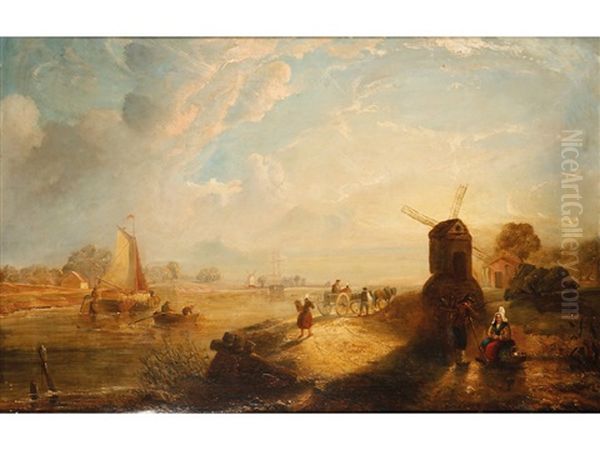 A Dutch Estuary Scene With Windmills - view 1