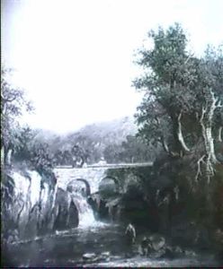 Welsh River Landscape With Figures Crossing A Bridge by Richard Hume Lancaster
