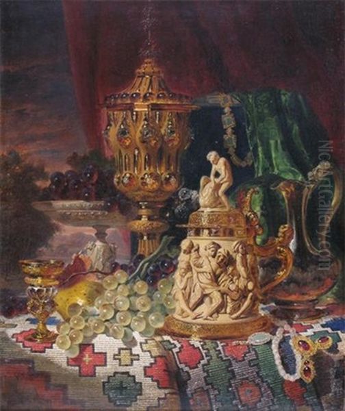 Still Life Of Fruit, A Gold Chalice, A Tankard And A Decanter On A Ledge - view 1