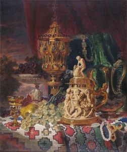 Still Life Of Fruit, A Gold Chalice, A Tankard And A Decanter On A Ledge by George Lance