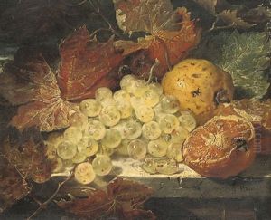 Grapes, An Orange And A Lemon With Autumn Leaves On A Ledge