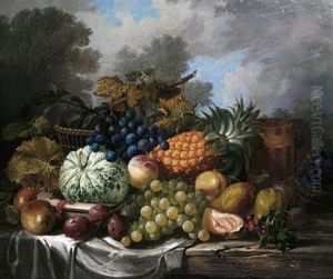 A Still Life Of A Melon, Pineapple, Grapes, Plums And Other Fruit On A Draped Ledge