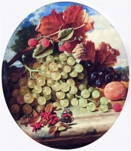Nature Morte De Raisins, Baies Rouges, Framboises Et Papillon