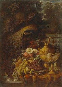 A Still Life With Fruit, Flowers, An Ewer And A Peacock Arranged On A Marble Ledge