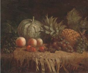 Grapes, Peaches, Strawberries, A Pineapple And A Melon On A Wicker Mat