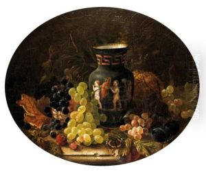 Still Life Of Grapes, Pineapple, Strawberries, Plums And A Classical Vase On A Ledge