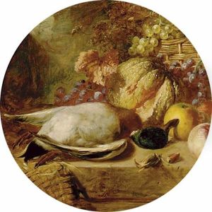 A Mallard, Apples, A Peach, Melon, Grapes, Hazlenuts On A Ledge With A Basket