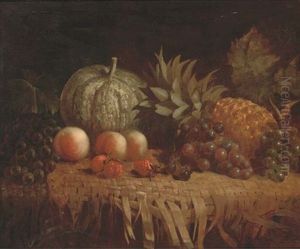 Grapes, Peaches, Strawberries, A Pineapple And A Melon, On A Wicker Mat