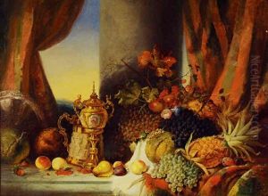 Still Life With A Magnificence Of Fruit, Flowers, Silver Platter, Stein And Jeweled Ciborium