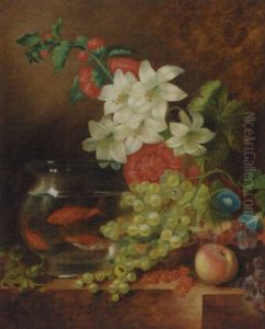 Grapes, Lilies, Hollycocks, Convolvulus, Cobnuts, Redcurrants, A Peach And Goldfish In A Bowl On A Marble Ledge