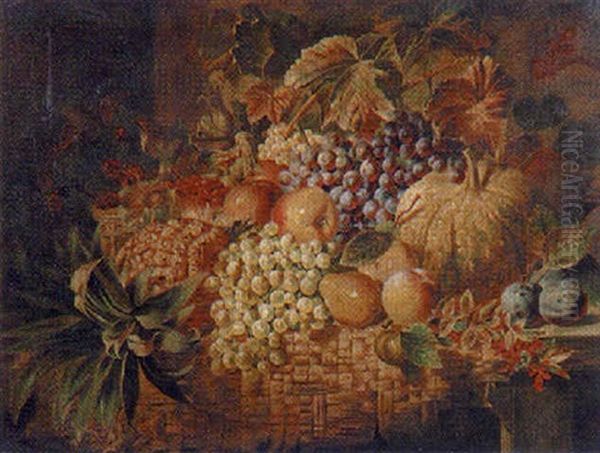 Still Life Of Pumpkin And Fruit In A Basket by George Lance