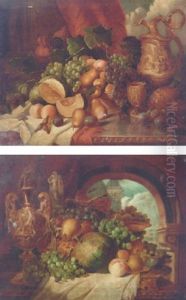 Grapes, Plums, Cobnuts, Peaches, A Pineapple, Stoneware Jugs And A Gilt-metal Goblet And Ewer, On Draped Table by George Lance