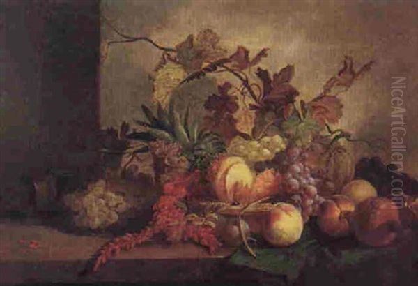 Still Life Of Fruit In A Gold Salver Resting On A Draped Marble Ledge - view 1