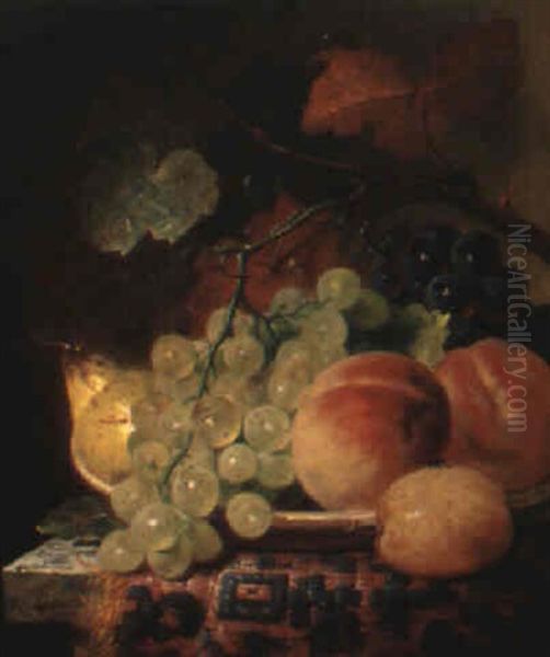 Peaches, Grapes, A Pear And A Plum On A Draped Ledge - view 1