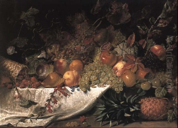 Fruit And Flowers On A Stone Ledge - view 1