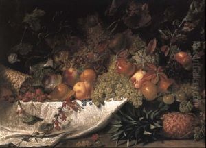 Fruit And Flowers On A Stone Ledge by George Lance
