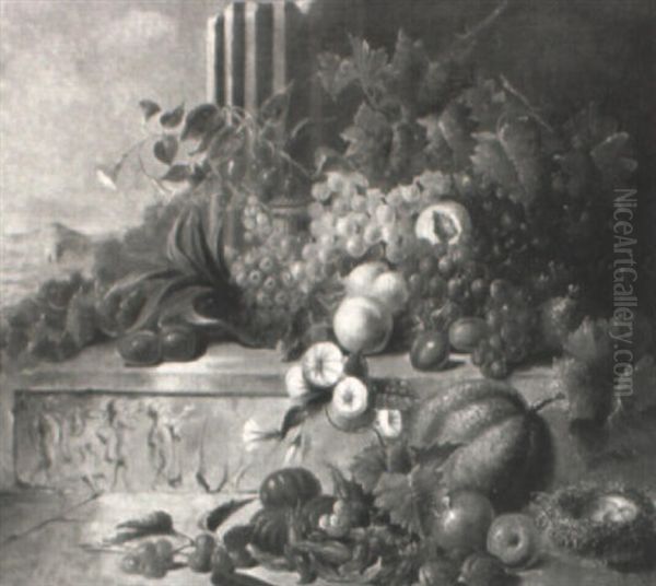 Still Life Of Fruit With A Gourd In A Classical Landscape - view 1