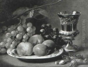 Still Life With Grapes, Peaches And Plums On A Delft Plate by George Lance