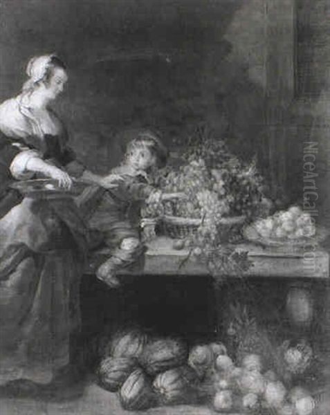 A Woman And Child By A Tale Laden With Fruit - view 1