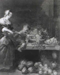 A Woman And Child By A Tale Laden With Fruit by George Lance