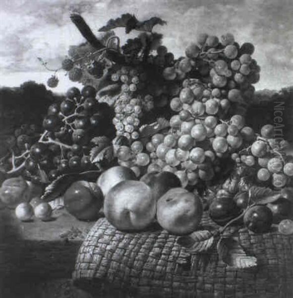 Grapes, White Currants, Raspberries, Cherries, Plums, Peaches An Apple And A Pineapple On A Rush Mat On A Wooden - view 1