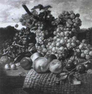 Grapes, White Currants, Raspberries, Cherries, Plums, Peaches An Apple And A Pineapple On A Rush Mat On A Wooden by George Lance