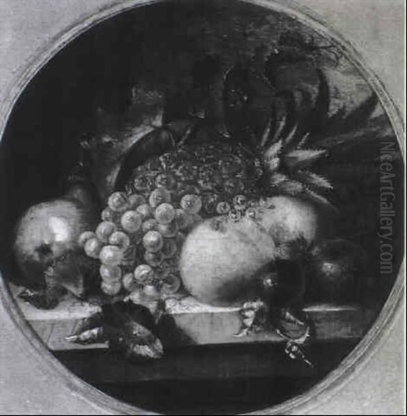 A Pineapple, Grapes, Apples And Plums With Convolvulus On A Ledge - view 1