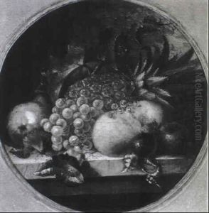 A Pineapple, Grapes, Apples And Plums With Convolvulus On A Ledge by George Lance