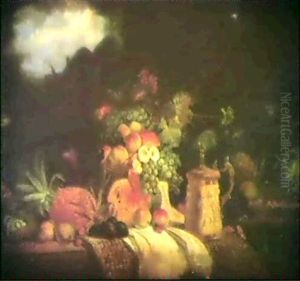 Still Life Of Mixed Fruit And A Tankard On Tables By A Window by George Lance