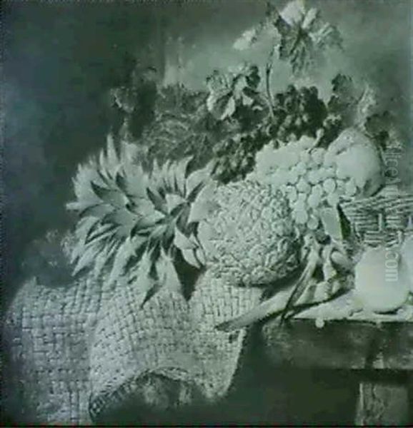 Still Life With Pineapples And Peaches, Also Grapes And Apples In A Basket On A Table by George Lance