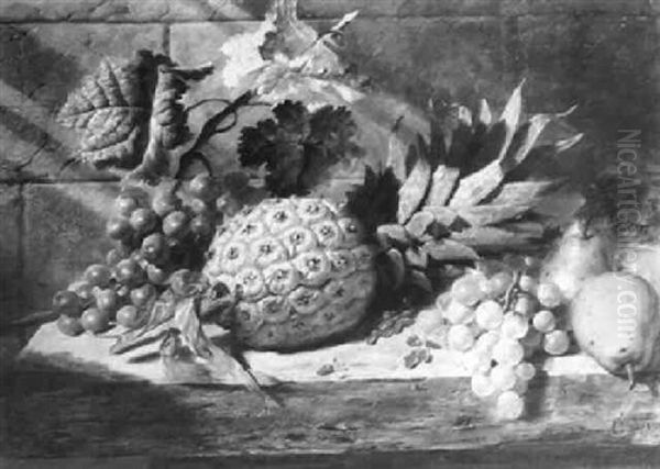 Still Life Of Black And White Grapes, Pears, Redcurrants Anda Pineapple On A Ledge - view 1