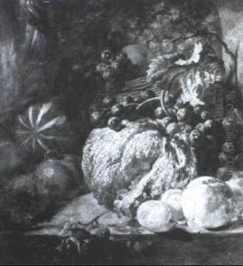 Still Life Of Fruits In A Basket Upon A Ledge by George Lance