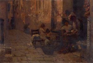 A View Of An Alleyway With Women And Children Gathering In The Foreground