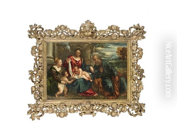 The Holy Family With The Infant Saint John The Baptist And Saint Dorothy In A Carved And Gilt Frame With Scrolling Acanthus Centres And A Running Flowering Vine - view 1