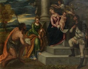 A Sacra Conversazione With Saints John The Baptist, Catherine And Roch by Polidoro De Renzi