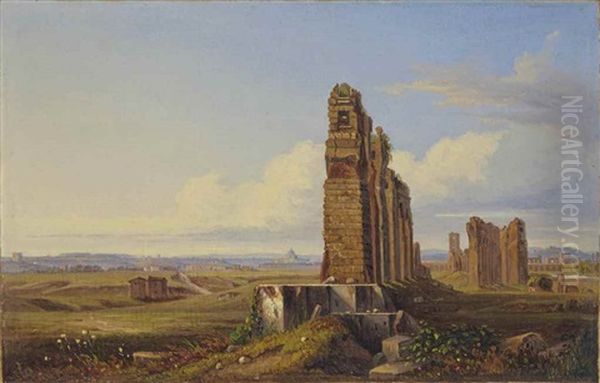 Vue De La Campagne Romaine Avec L"aqueduc Claudien, Une Vue De Rome A L"arriere-plan - view 1