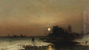 Wintery Landscape Under The Full Moon by Ludwig Lanckow