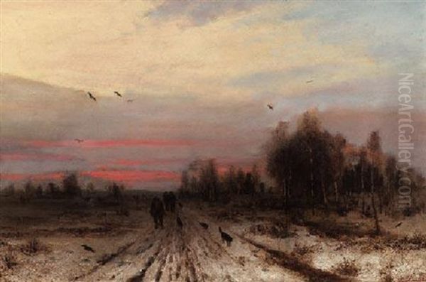 Winterliche Landschaft Mit Jagern Im Abendrot - view 1