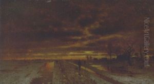 A Winter Landscape At Sunset by Ludwig Lanckow