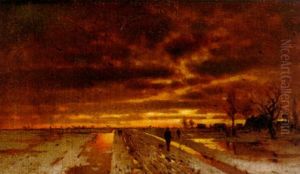 A Winter Landscape At Sunset by Ludwig Lanckow