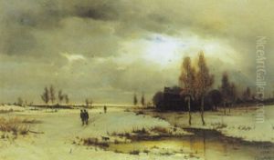 Vinterlandskab Med Jaegere Der Drager Hjem I Skumringen by Ludwig Lanckow