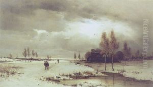Vinterlandskab Med Jaegere, Der Drager Hjem I Skumringen by Ludwig Lanckow