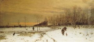Jager In Weiter Abendlicher Winterlandschaft by Ludwig Lanckow