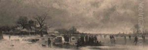Skaters In A Winter Landscape by Ludwig Lanckow