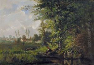 Uferpartie Mit Bauerin Und Schafherde