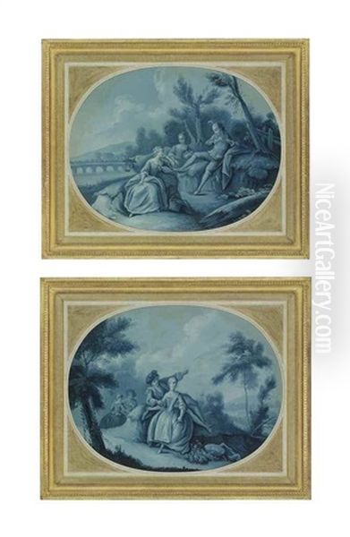 A Courting Couple, With Other Figures In A Wooded Landscape; And A Piper Playing To Milkmaids In A Wooded Landscape (pair) - view 1