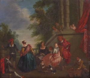 Elegant Company In A Courtyard, Landscape Beyond by Nicolas Lancret