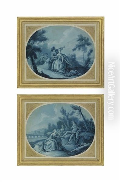 An Courting Couple, With Other Figures In A Wooded Landscape (+ A Piper Playing To Milkmaids In A Wooded Landscape - En Bleu; Pair) - view 1
