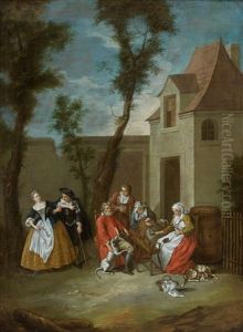 Famille Au Rouet Devant Une Maison Et Enfants Jouant Sous Une Arcade (pair) by Nicolas Lancret