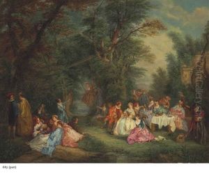 Fete Champetre With A Couple Dancing And Fete Champetre With A Woman On A Swing (pair) by Nicolas Lancret